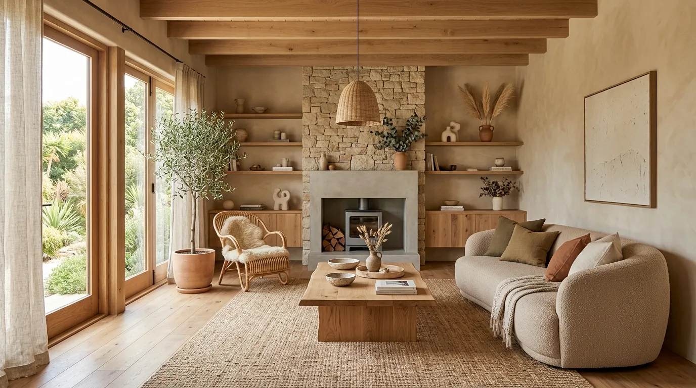Bring in stone or plaster finishes for quiet depth inspiration for an organic modern living room.